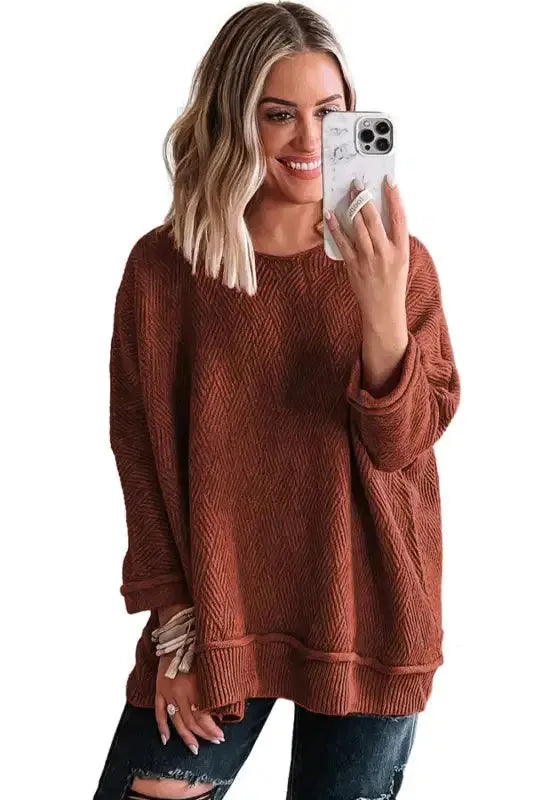 Gold Flame Solid Color Textured Crew Neck Loose Sweater - Fashionfitz