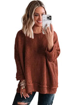 Gold Flame Solid Color Textured Crew Neck Loose Sweater - Fashionfitz