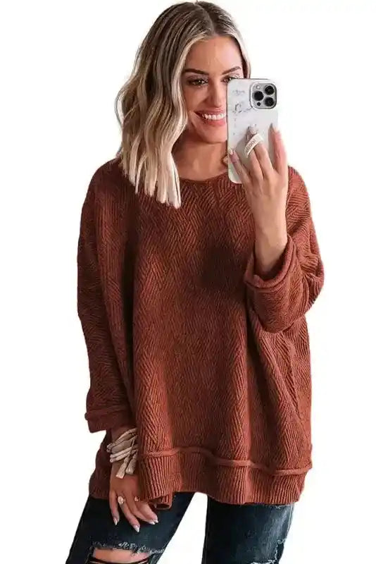 Gold Flame Solid Color Textured Crew Neck Loose Sweater displayed on model with relaxed silhouette, perfect for casual winter styling.