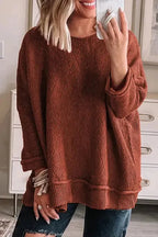 Gold Flame Solid Color Textured Crew Neck Loose Sweater - Fashionfitz