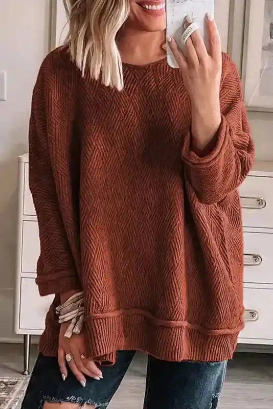 New In Gold Flame Solid Color Textured Crew Neck Loose sweater with ribbed fabric and relaxed fit, styled casually for winter wear.