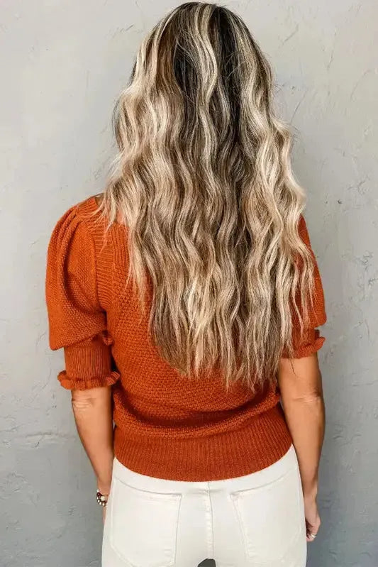 Gold Flame Textured Knit Bubble Sleeve Square Neck Top - Fashionfitz