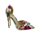 Angled view of Gold Hollow Stiletto Heels – Glam Party Sandals featuring bold floral patterns and high stiletto heels.