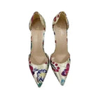 Top-down view of Gold Hollow Stiletto Heels – Glam Party Sandals with pointed toe and floral PU leather finish.