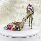 Profile view of Gold Hollow Stiletto Heels – Glam Party Sandals on display stand, showcasing floral PU leather texture.