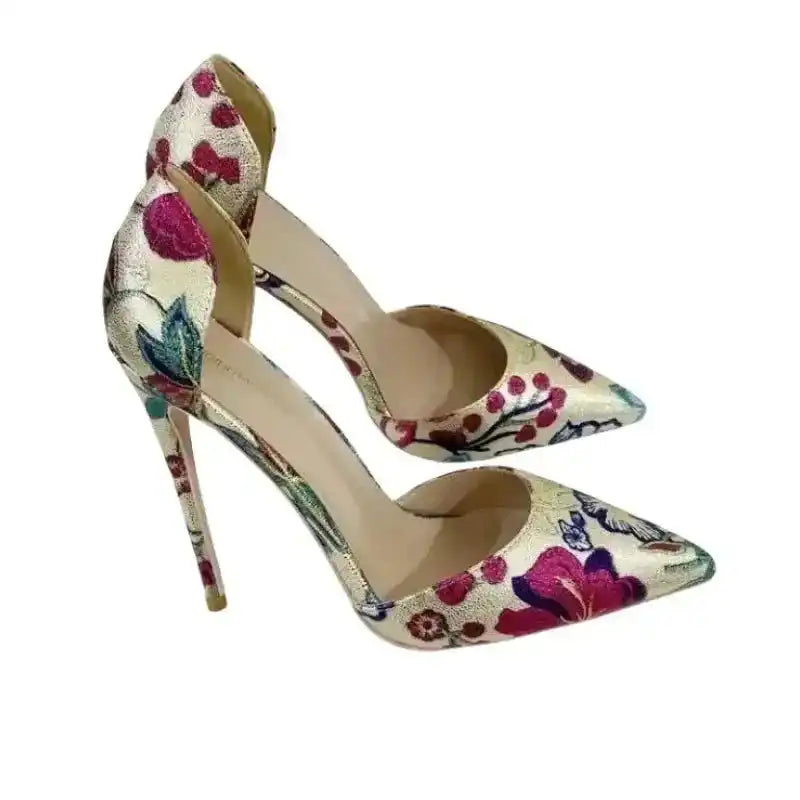 Gold Hollow Stiletto Heels – Glam Party Sandals with floral print and pointed toe design, ideal for weddings and night outs.