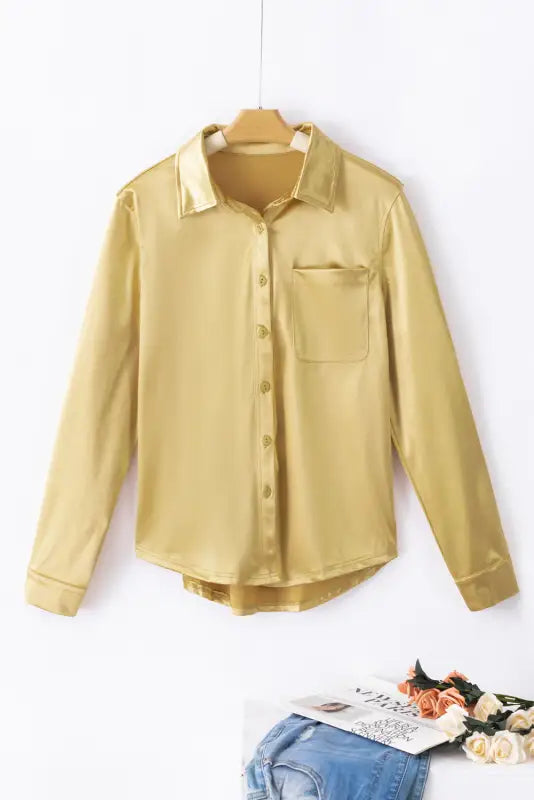 Gold metallic luster chest pocket shirt - tops