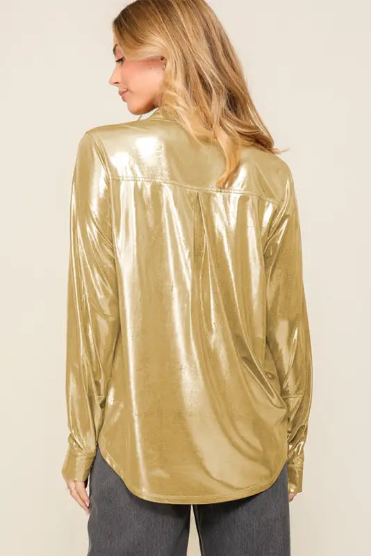 Gold metallic luster chest pocket shirt - tops