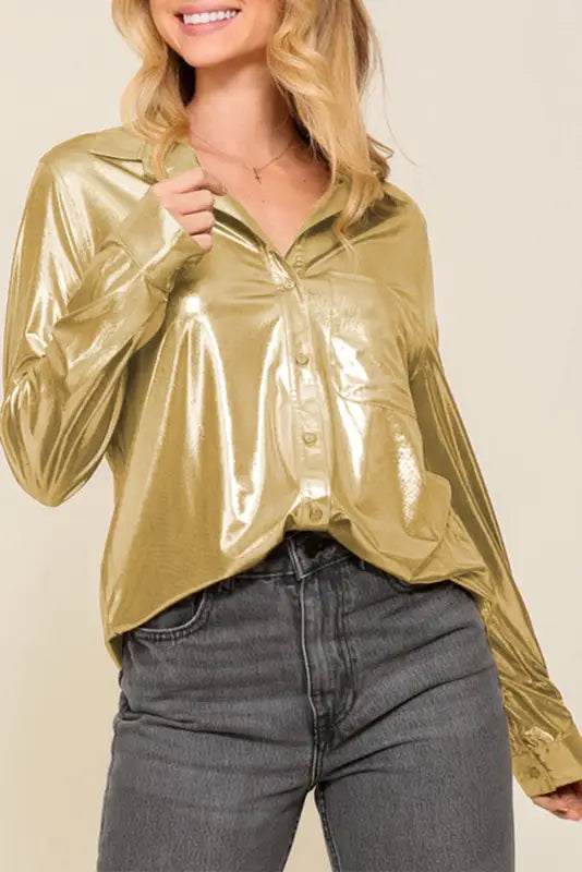 Gold metallic luster chest pocket shirt - s / 92% polyester + 8% elastane - tops