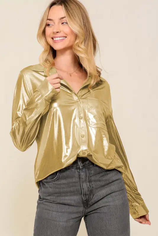 Gold metallic luster chest pocket shirt - tops