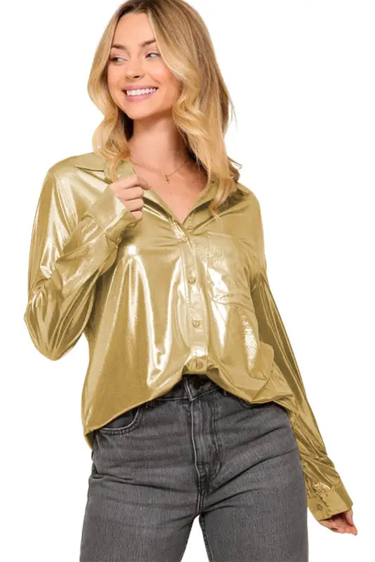 Gold metallic luster chest pocket shirt - tops