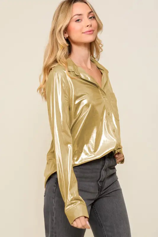 Gold metallic luster chest pocket shirt - tops