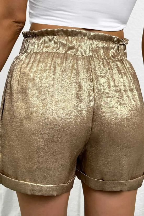 Back view of Gold Metallic Shorts Women showing high waist and shimmering fabric, perfect for summer parties and daily casual outfits.