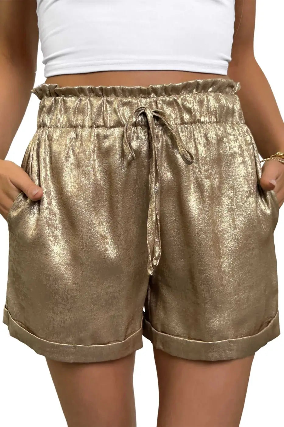 Front view of Gold Metallic Shorts Women with drawstring and frilled waistband, designed for casual summer wear and festival styling.