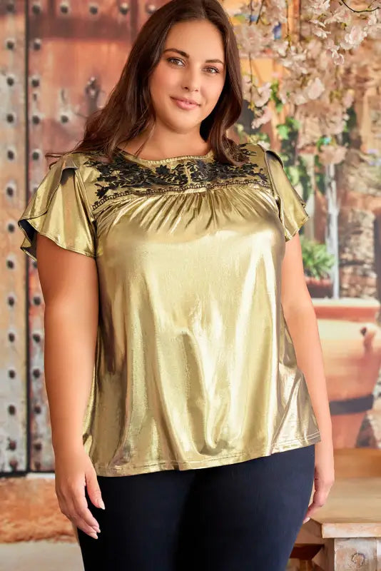 Gold plus size floral embroidered short sleeve top