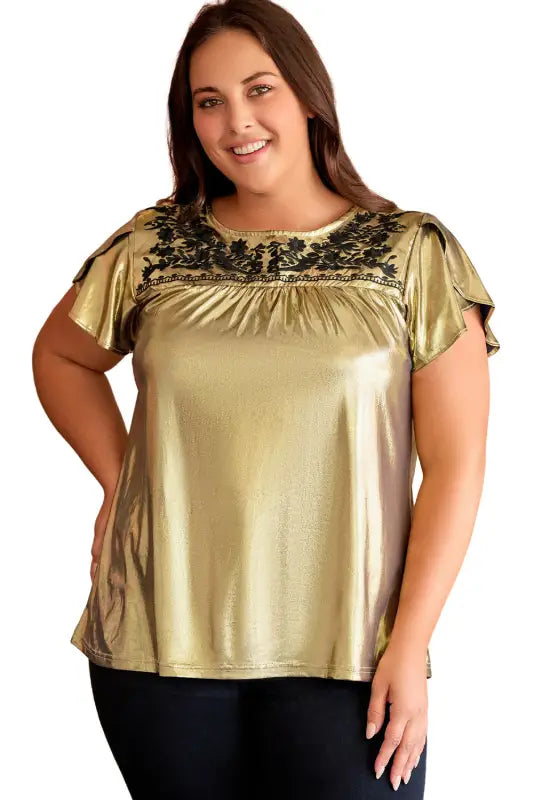 Gold plus size floral embroidered short sleeve top