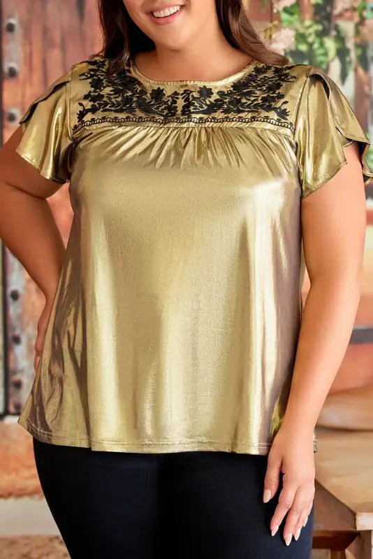 Gold plus size floral embroidered short sleeve top