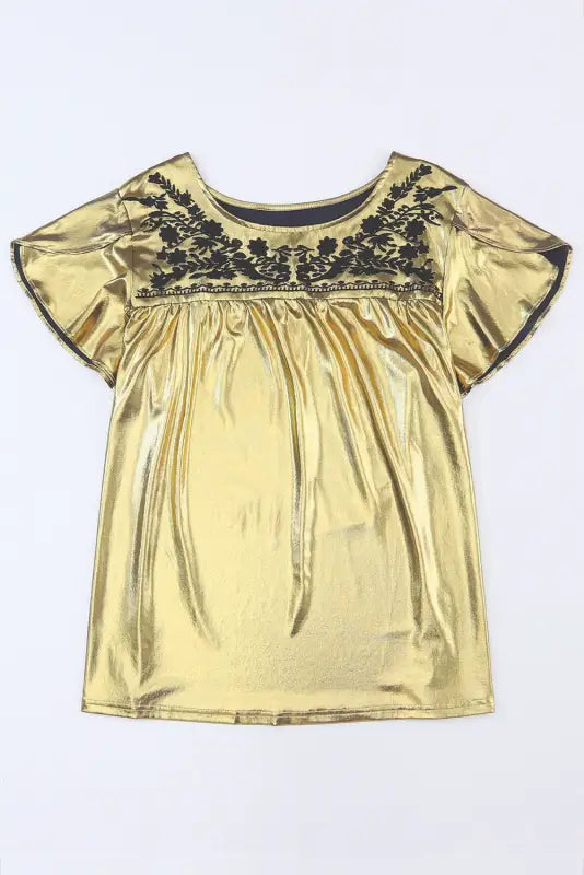 Gold plus size floral embroidered short sleeve top