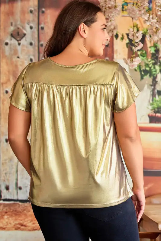 Gold plus size floral embroidered short sleeve top