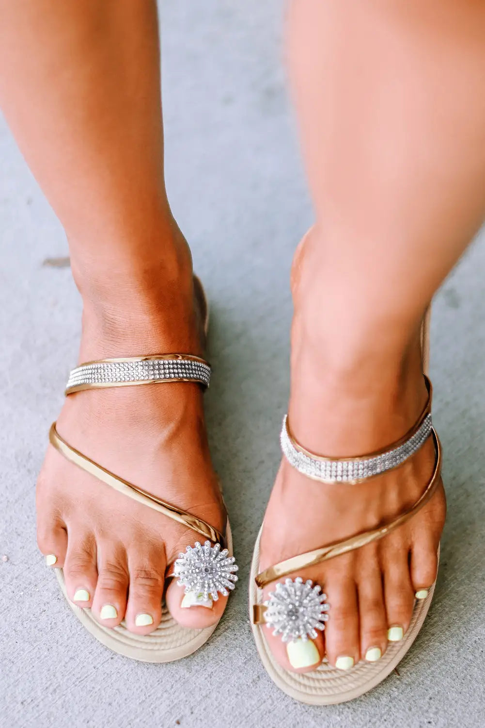 Gold rhinestone toe ring flat sandals - slippers