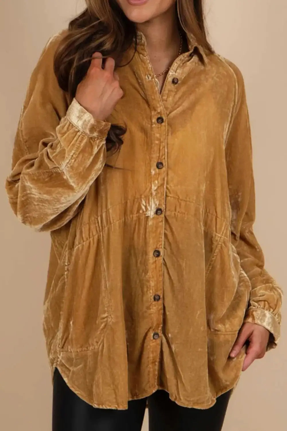 Gold solid color button up loose fit velvet shirt - s / 92% polyester + 8% elastane - blouses & shirts