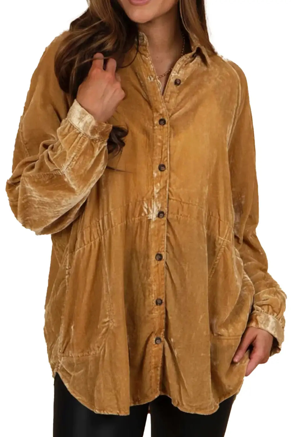 Gold solid color button up loose fit velvet shirt - blouses & shirts
