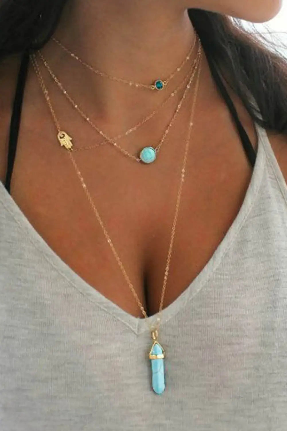 Gold turquoise gemstone pendant multi-layered necklace - one size - necklaces