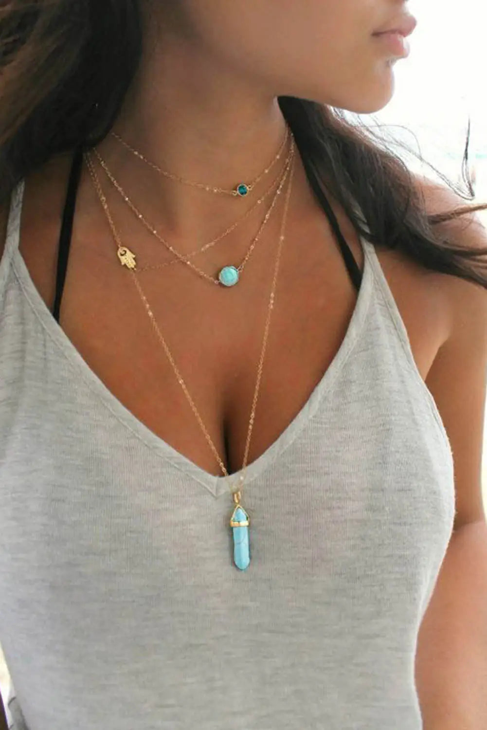 Gold turquoise gemstone pendant multi-layered necklace - one size - necklaces