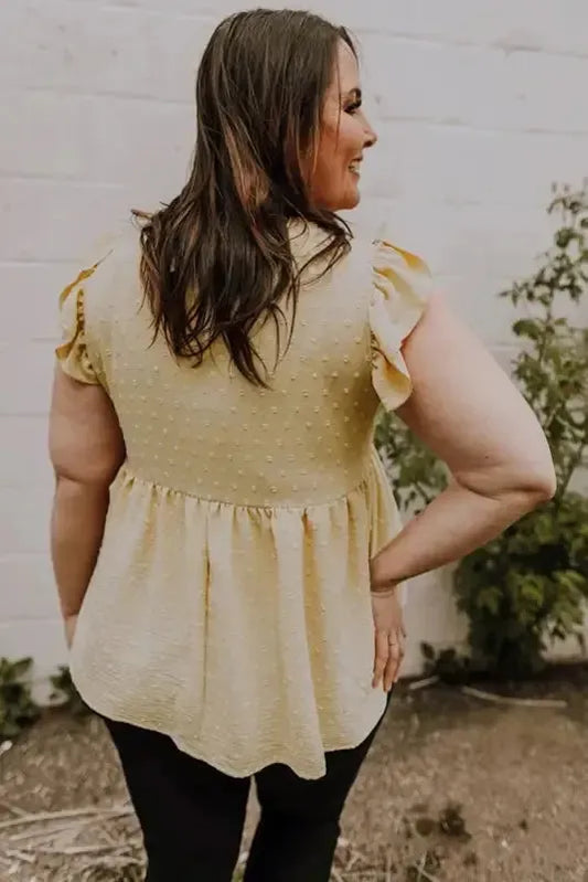 Golden Fleece Plus Size Swiss Dot Lace Trim Split Neck Babydoll Top - Fashionfitz