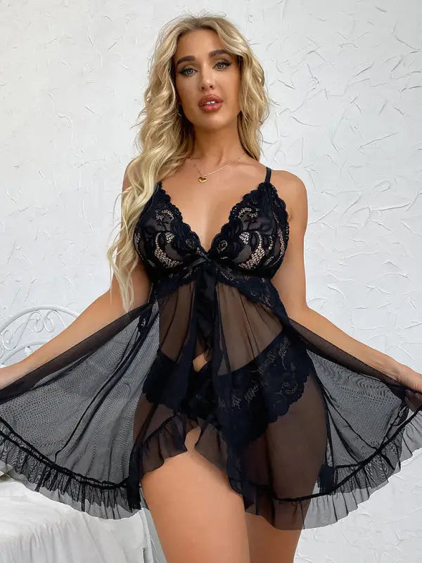 Good evening lace mesh babydolls lingerie - black / s - & chemises