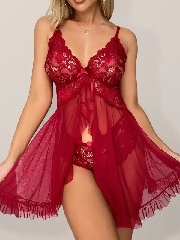 Good evening lace mesh babydolls lingerie - wine red / s - & chemises