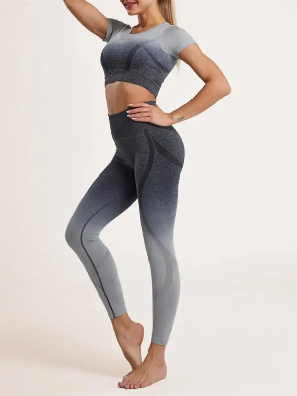 Gradient dye seamless yoga two-piece set - black / s - activewear leggings sets