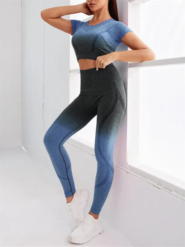 Gradient dye seamless yoga two-piece set - dark blue / s - activewear leggings sets