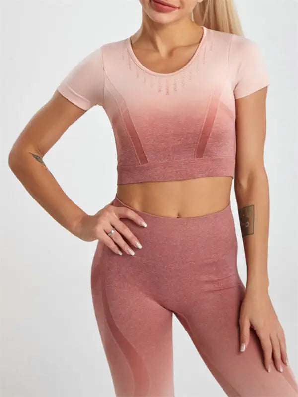 Gradient dye seamless yoga two-piece set - pink / s - activewear leggings sets