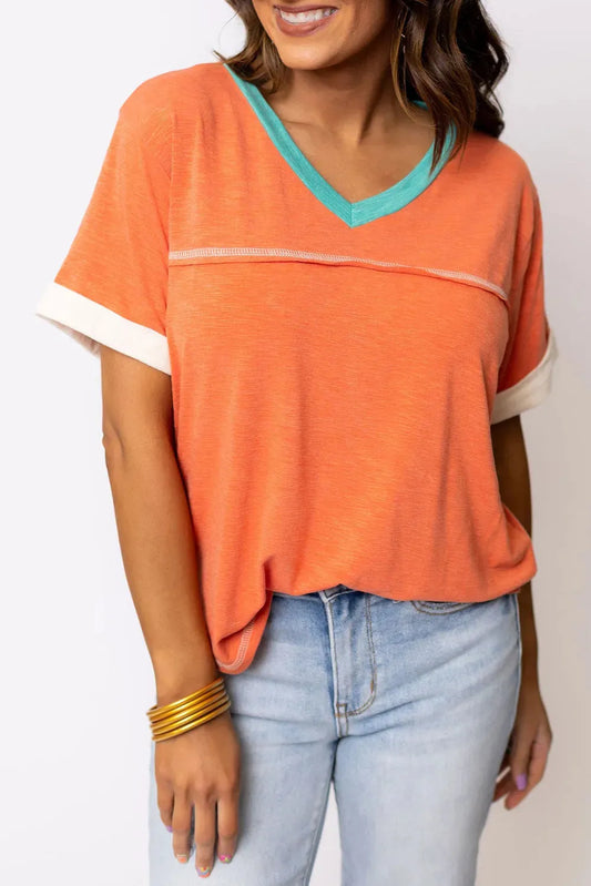 Grapefruit Orange Contrast Trim Exposed Seam V Neck T-shirt - Fashionfitz