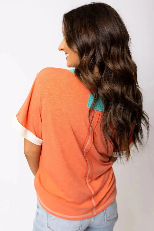 Grapefruit Orange Contrast Trim Exposed Seam V Neck T-shirt - Fashionfitz