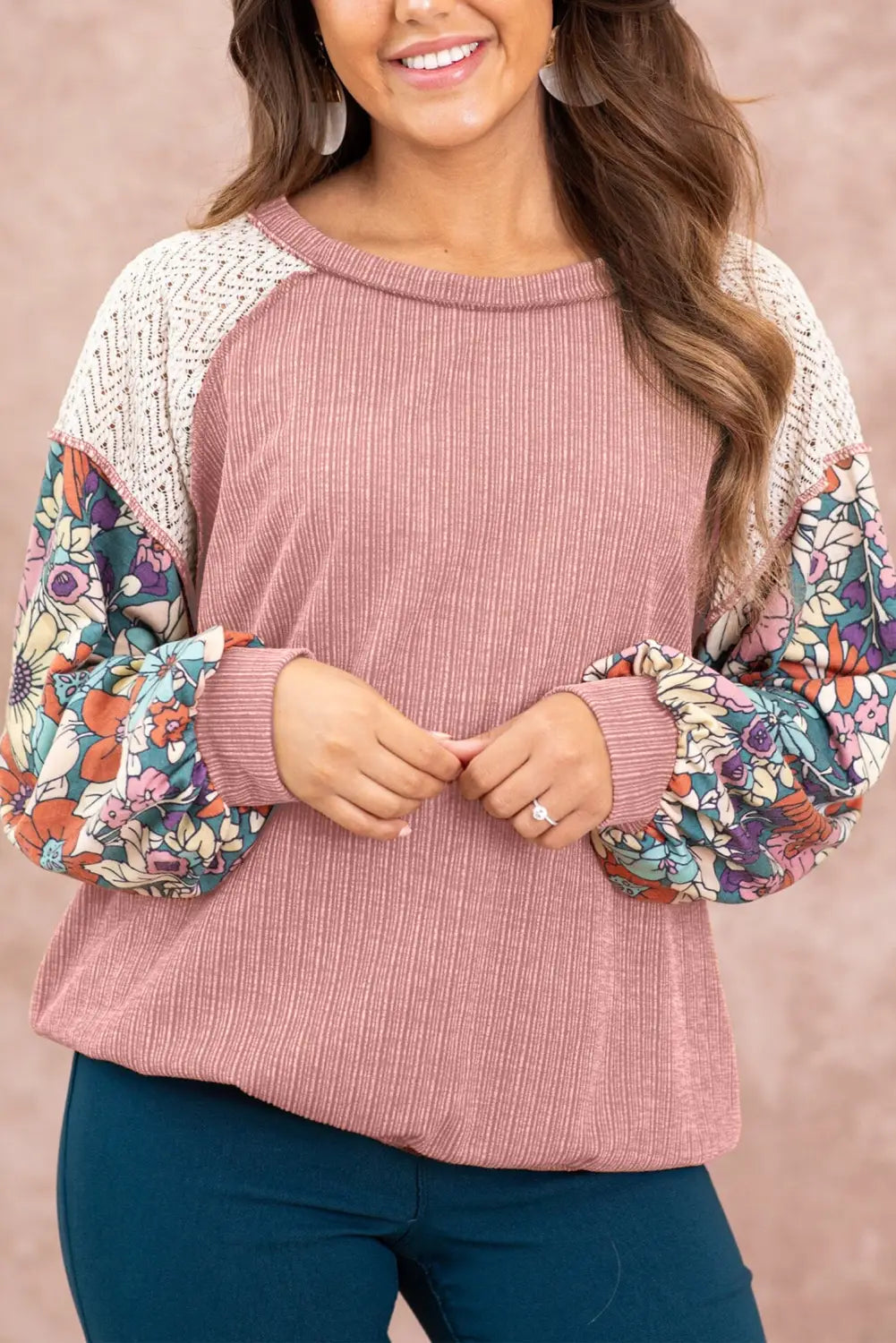 Grapefruit orange floral patchwork puff sleeve textured blouse - rose pink / l / 95% polyester + 5% elastane - tops