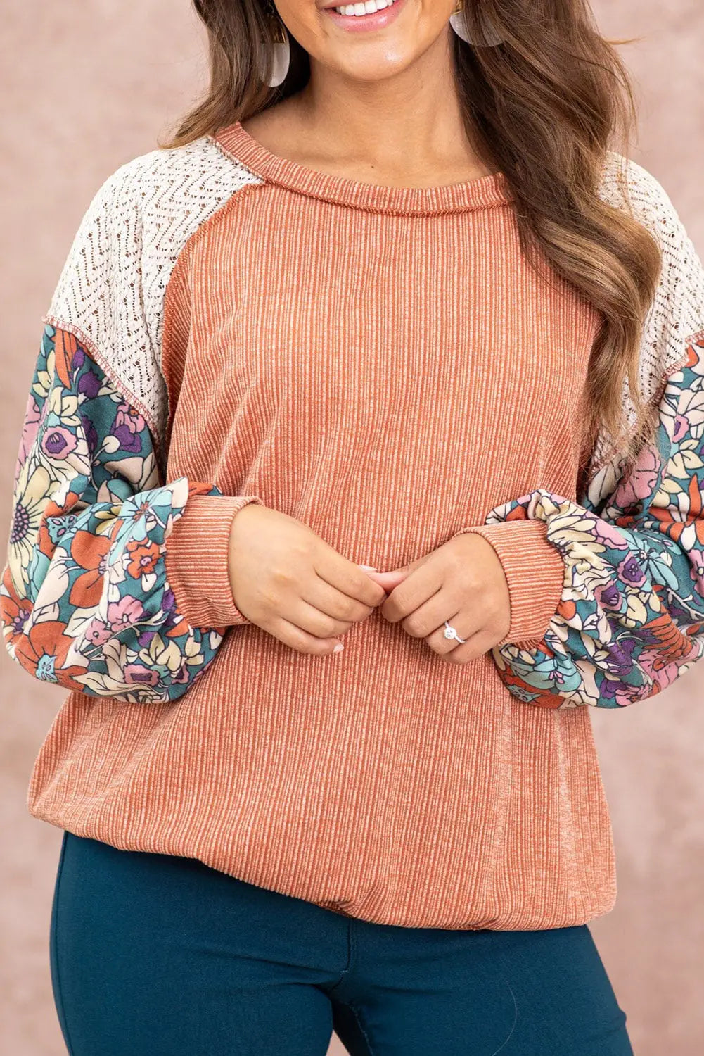 Grapefruit orange floral patchwork puff sleeve textured blouse - s / 95% polyester + 5% elastane - tops