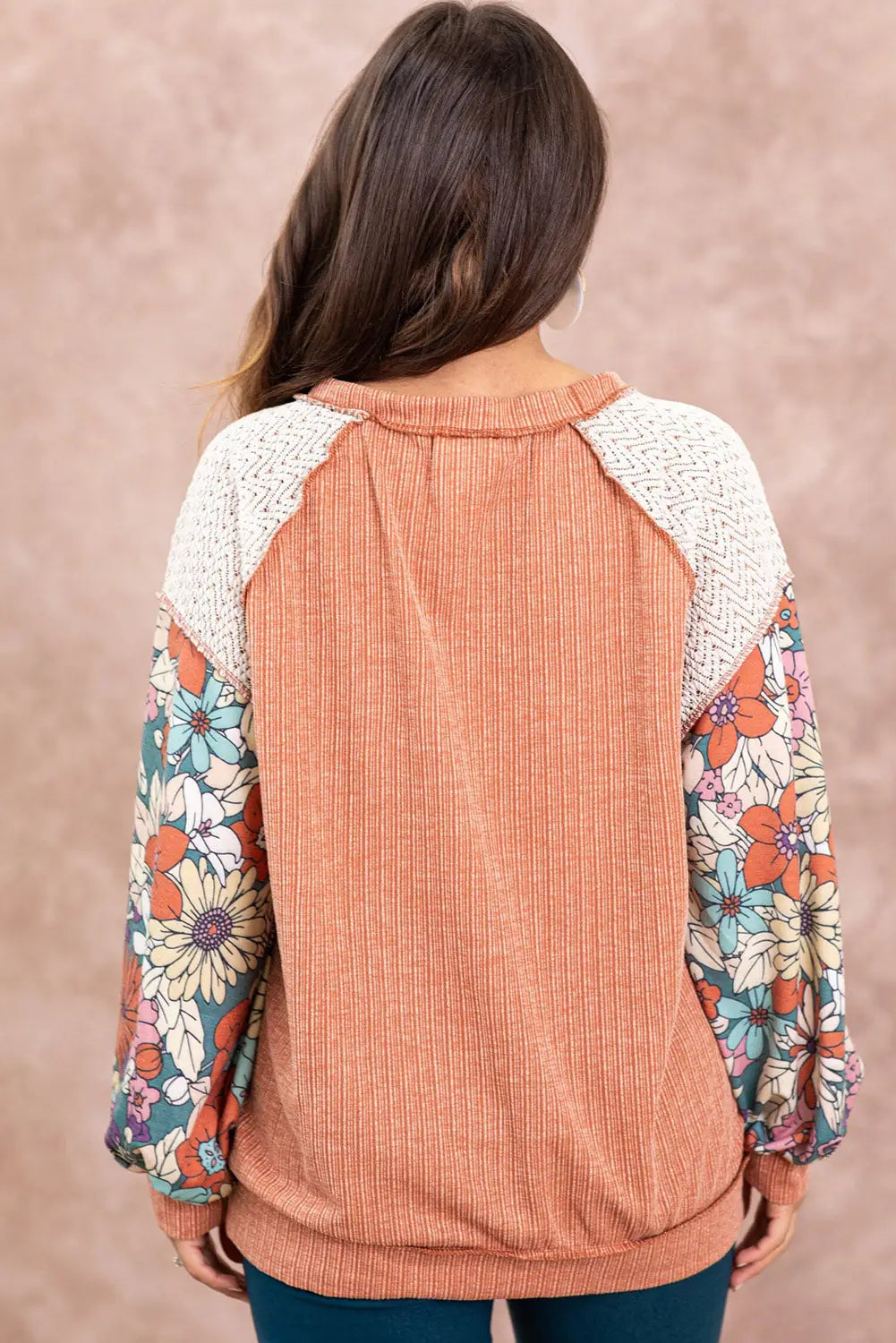 Grapefruit orange floral patchwork puff sleeve textured blouse - tops