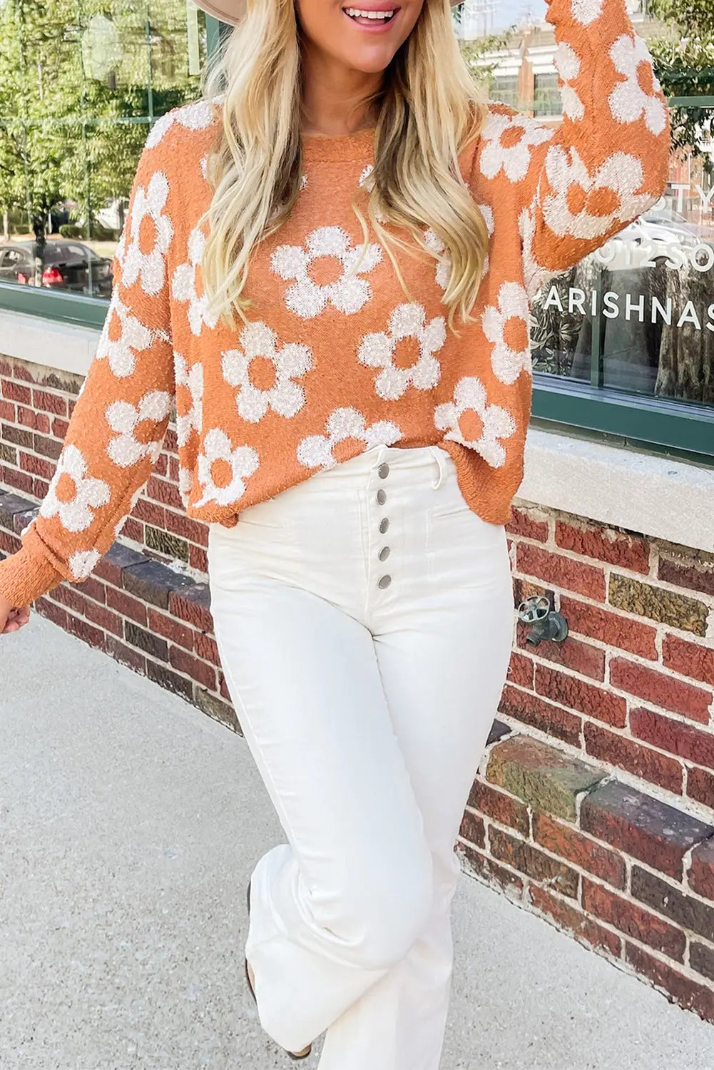 Grapefruit orange fuzzy floral knitted drop shoulder sweater - l / 100% polyester - sweaters & cardigans