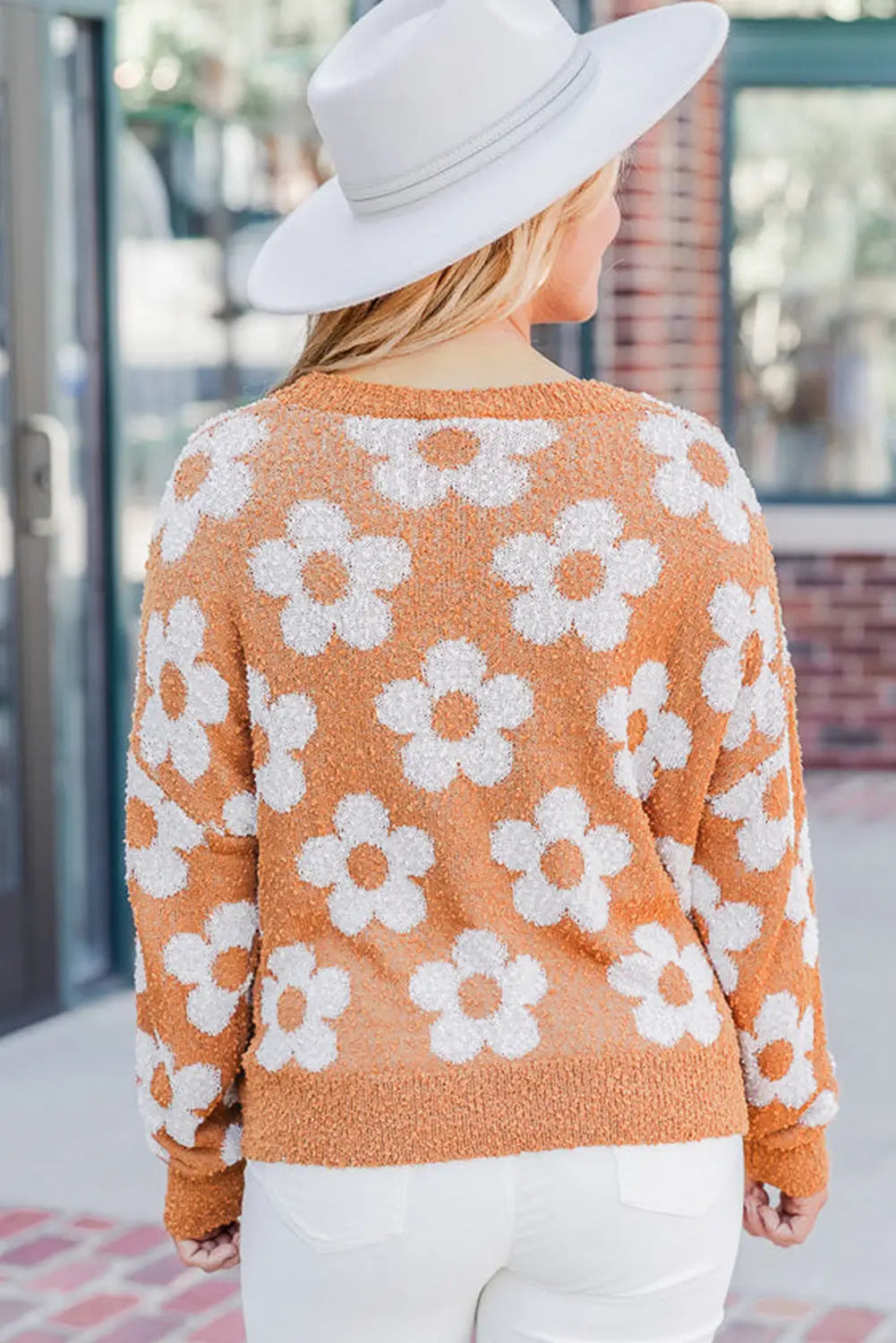 Grapefruit orange fuzzy floral knitted drop shoulder sweater - sweaters & cardigans