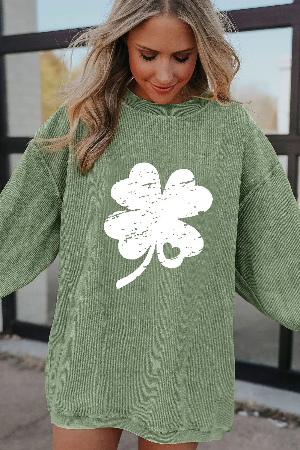 Grass green distressed clover print st patricks corded sweatshirt - graphic