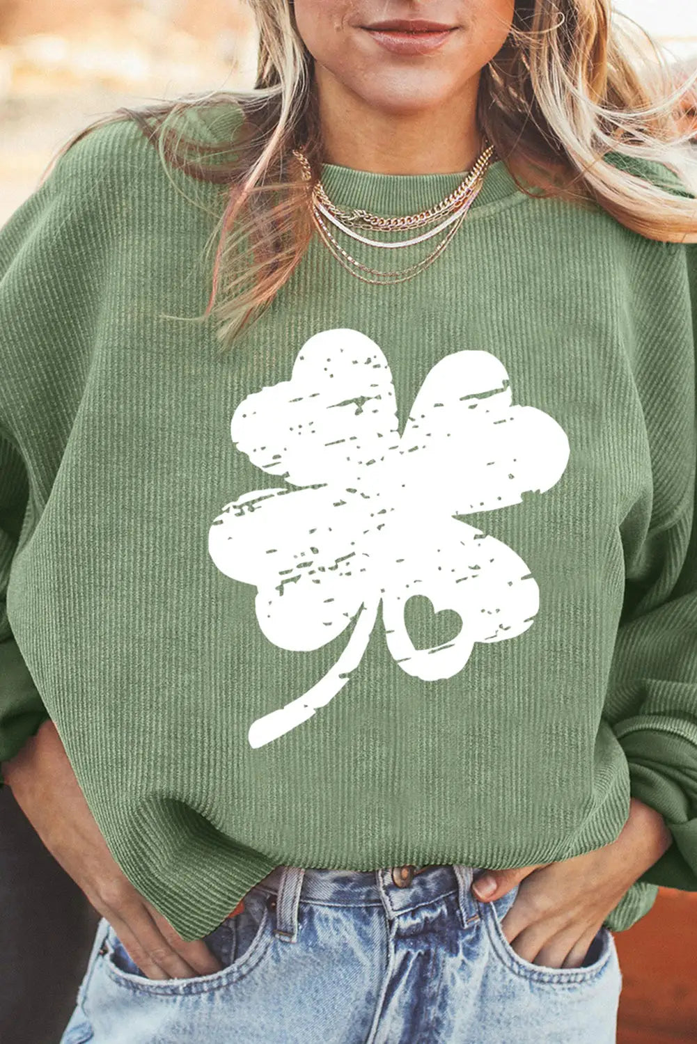 Grass green distressed clover print st patricks corded sweatshirt - s / 100% polyester - graphic