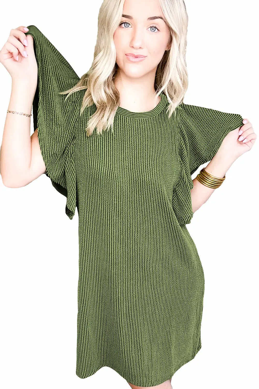 Grass green flutter sleeve ribbed shift dress - t shirt dresses