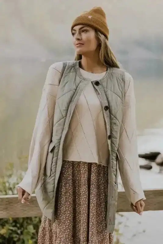 Grass Green Quilted Long Vest Jacket with Pockets - Fashionfitz