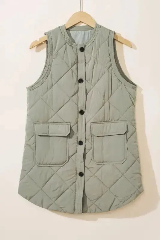 Grass Green Quilted Long Vest Jacket with Pockets - Fashionfitz