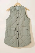 Grass Green Quilted Long Vest Jacket with Pockets - Fashionfitz