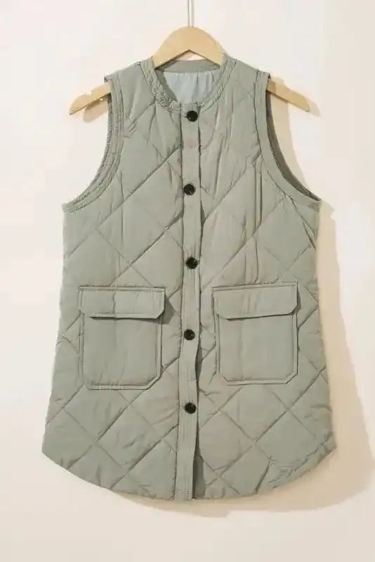 Grass Green Quilted Long Vest Jacket with Pockets - Fashionfitz