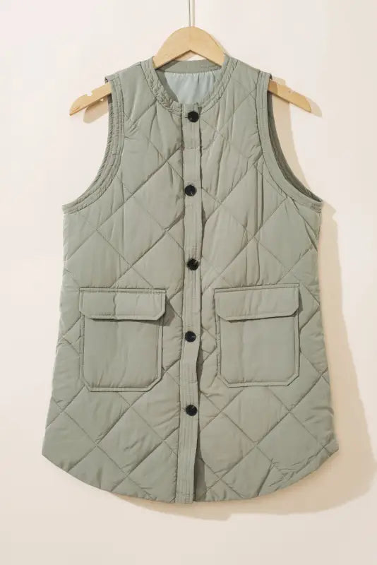 Grass green quilted long vest jacket with pockets - outerwear