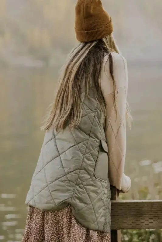 Grass Green Quilted Long Vest Jacket with Pockets - Fashionfitz